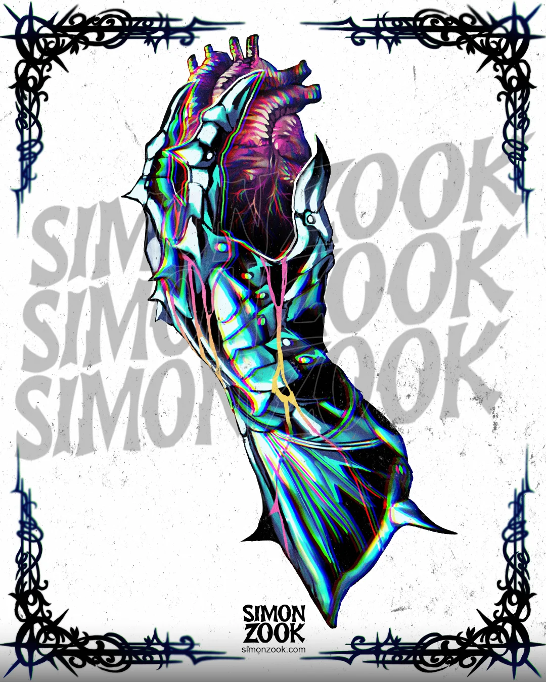 Tatuaje disponible: Guantelete de armadura cromática con reflejos iridiscentes sosteniendo un corazón anatómico biorgánico. Ilustración dark fantasy detallada de Simon Zook.