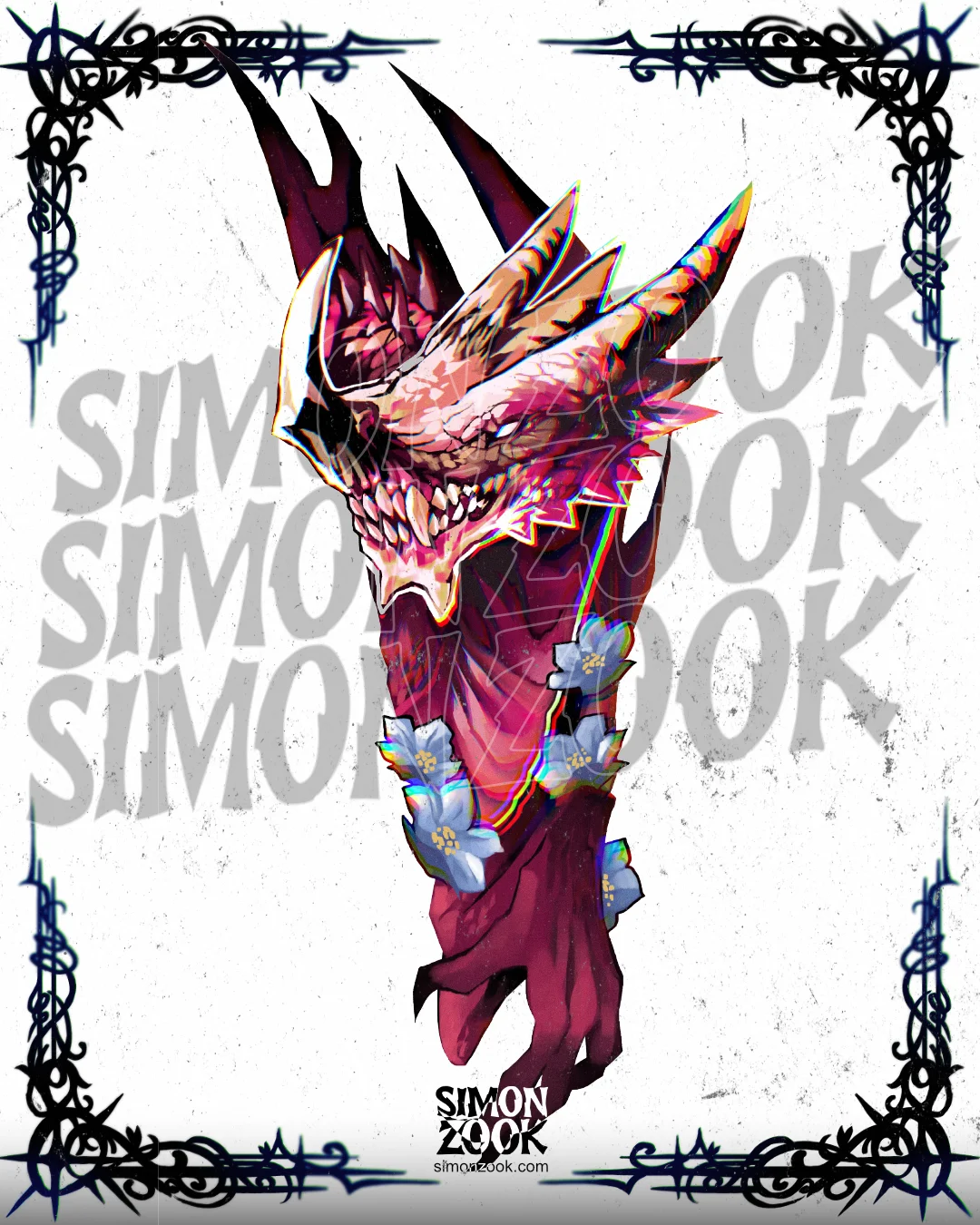 Tatuaje de cabeza de dragón rojo profundo y cromático con cuernos, estilo ilustración neón por Simon Zook.