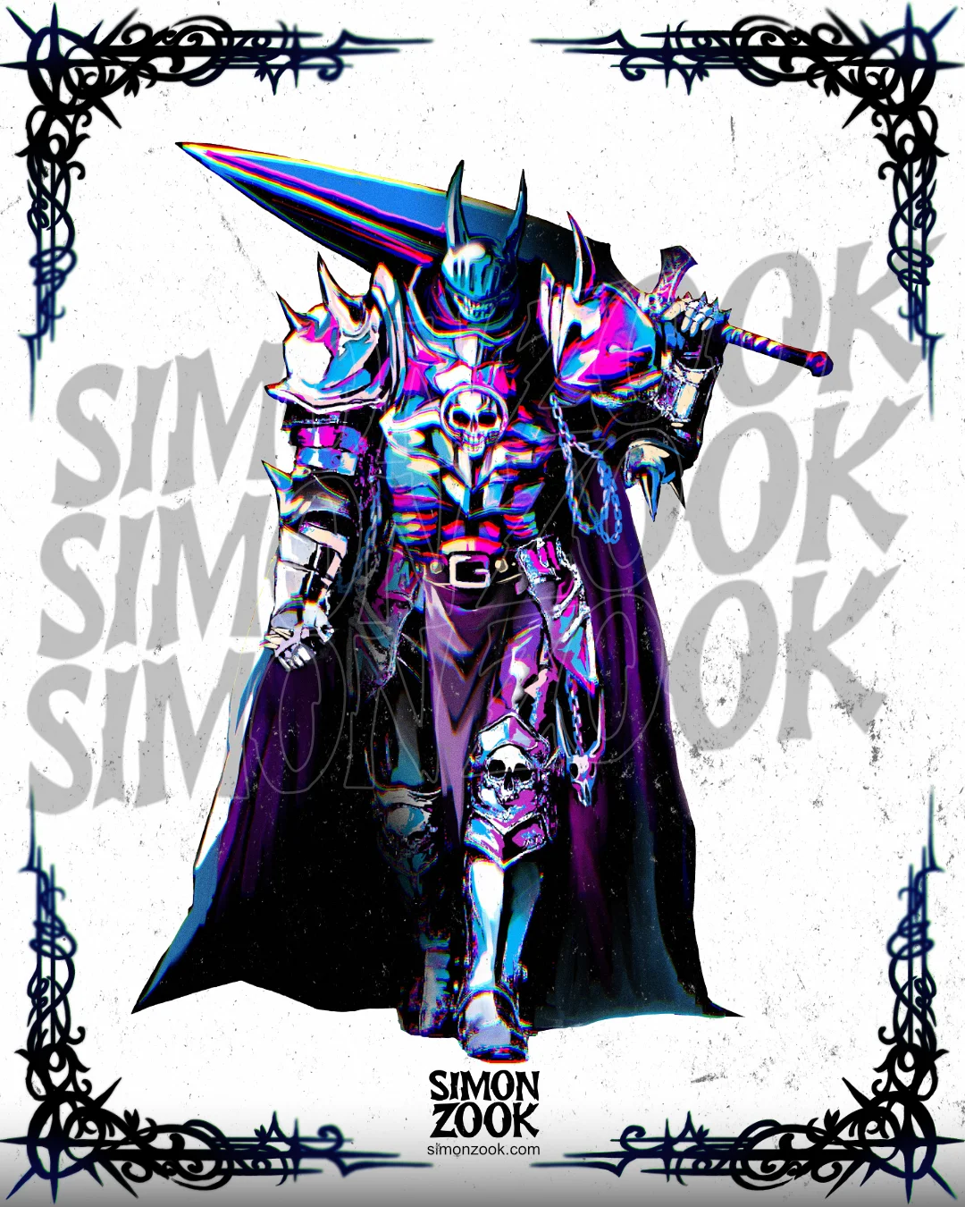 Tatuaje de caballero de la muerte con armadura azul y morado neón, diseño de fantasía oscura en Chile por Simon Zook.