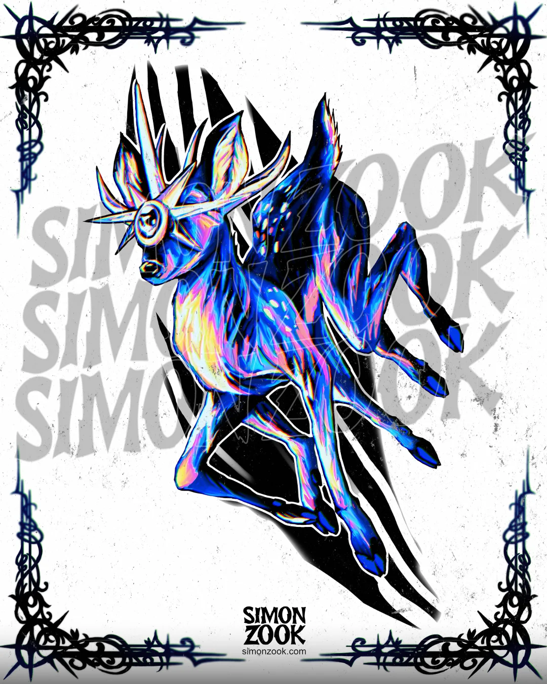 Tatuaje de ciervo místico iridiscente en posición dinámica, diseño de autor de Simon Zook Santiago Chile.