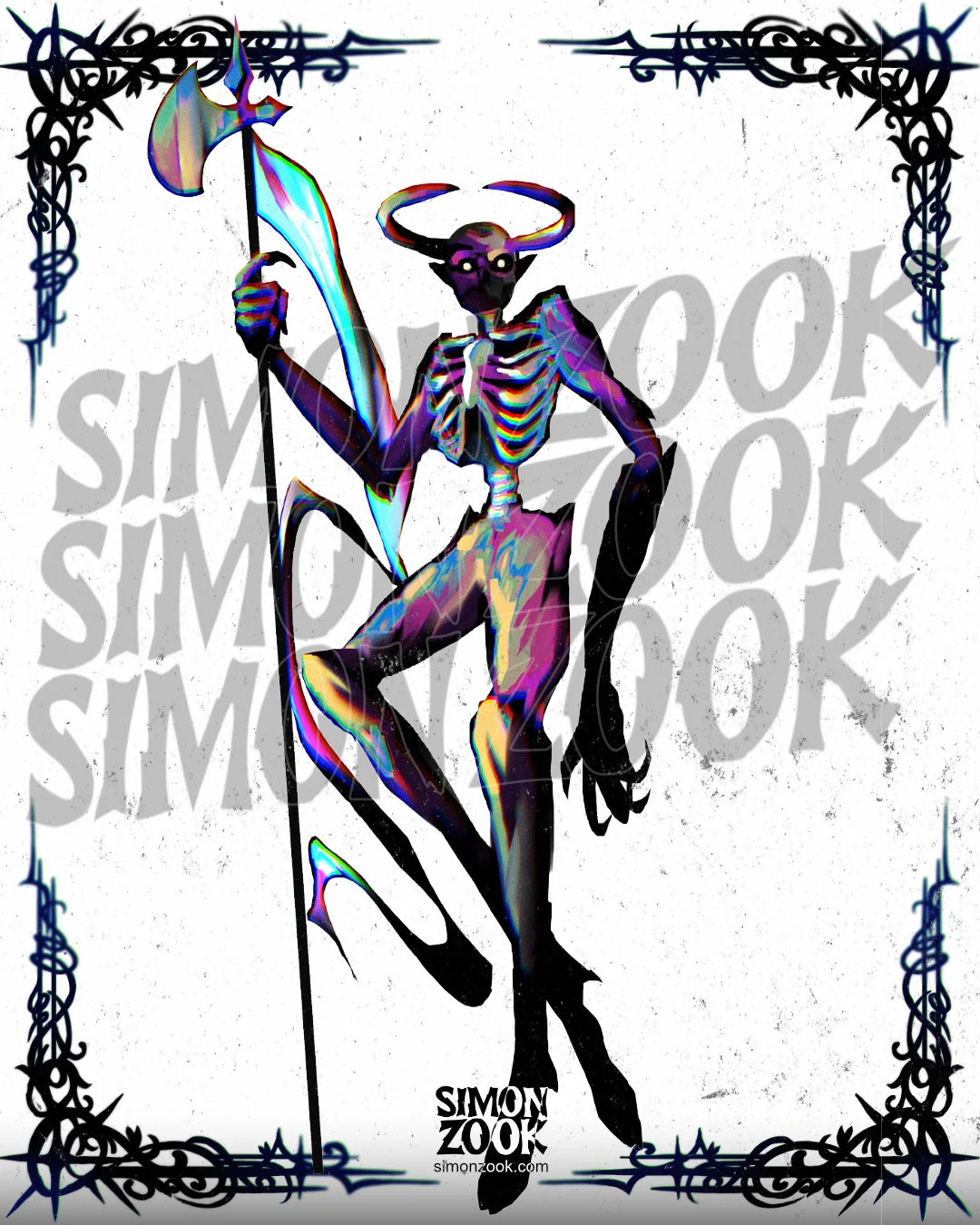 Tatuaje de criatura esquelética ancestral con cuernos y báculo, paleta cromática iridiscente de Simon Zook.
